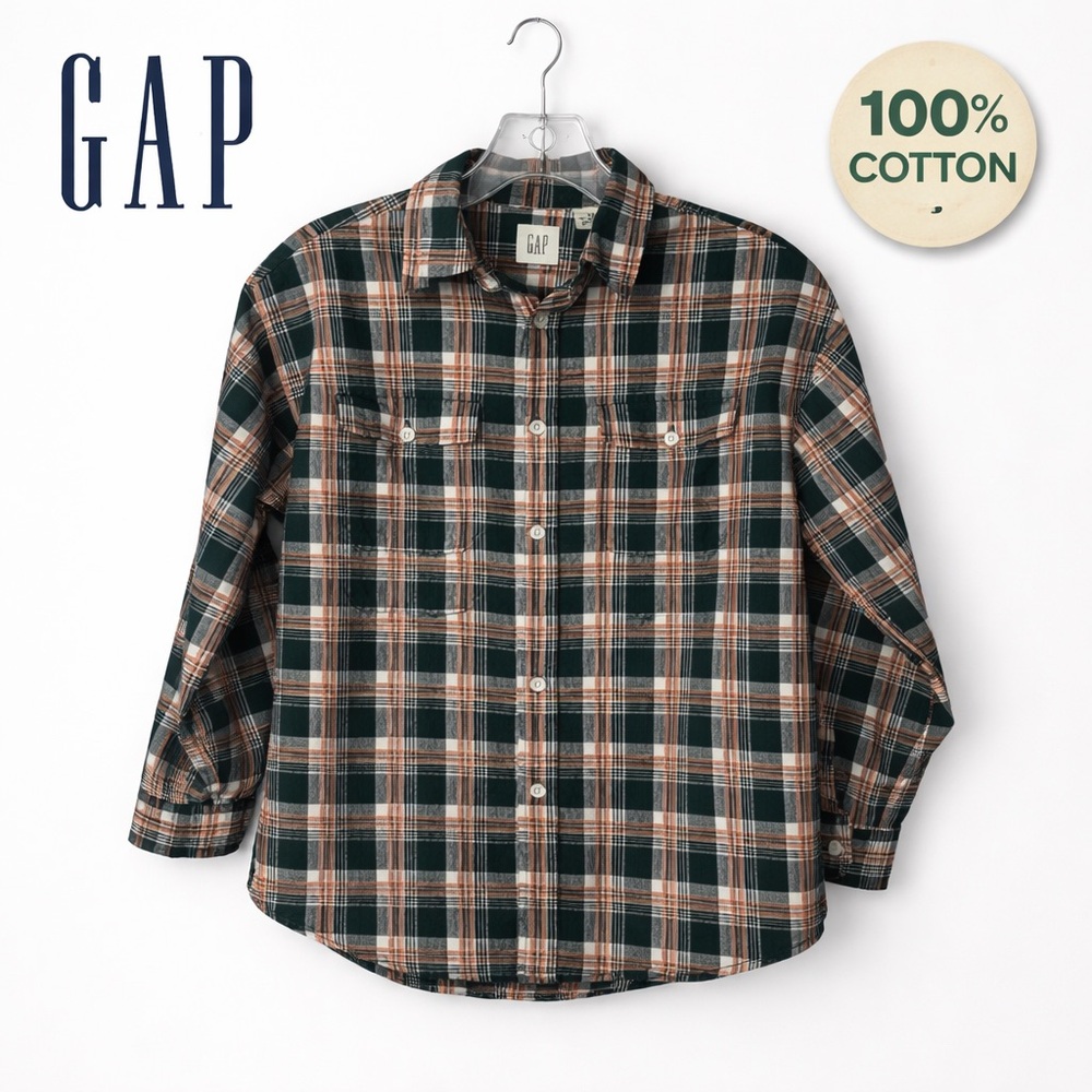 GAP Kids Plaid Button Down Shirt Youth Medium Green Orange Cotton